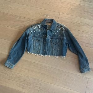 Grlfrnd Denim Pearl and Rhinestone Cropped Jacket